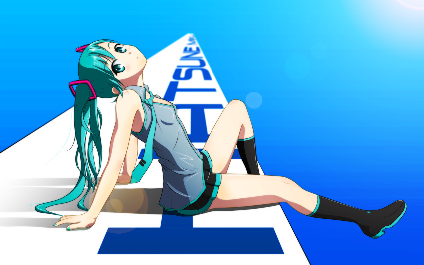 aqua_eyes aqua_hair arm_support bare_arms commentary_request female from_side hatsune_miku highres kuro-kun_(nablack) long_hair miniskirt necktie photoshop_(medium) sitting skirt smile socks solo twintails vocaloid