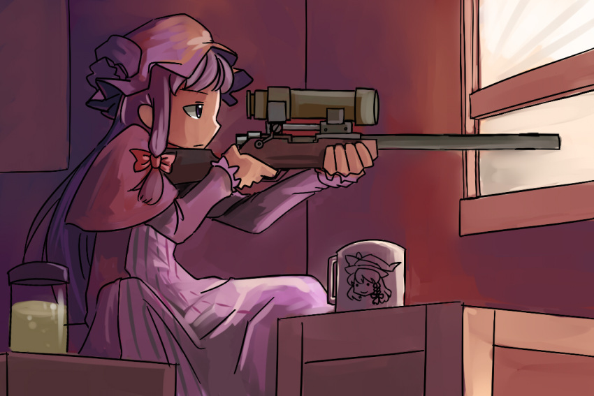 aiming bolt_action bow closed_mouth coffee_mug commentary crate cup dress english_commentary female gun hairbow hat holding holding_gun holding_weapon indoors jar jarate kirisame_marisa long_sleeves looking_through_scope mixed-language_commentary mob_cap mug parody patchouli_knowledge purple_dress purple_eyes purple_hair purple_hat red_bow rifle scope sitting sniper_(tf2) sniper_rifle solo team_fortress_2 touhou urine weapon window zassou_maruko