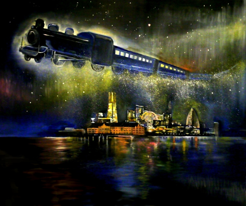 aura aurora bad_id bad_pixiv_id city city_lights cityscape ferris_wheel flying_train ginga_tetsudou_no_yoru locomotive night night_sky no_humans non_(pixiv_1547424) ocean oil_painting_(medium) painting_(medium) reflection scenery sky star_(sky) starry_sky steam_locomotive traditional_media train