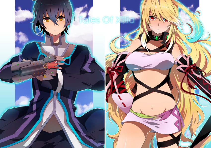 1boy akishima_kei bad_id bad_pixiv_id black_hair blonde_hair blue_hair breasts brown_eyes choker female gloves jude_mathis long_hair medium_breasts midriff milla_maxwell multicolored_hair navel red_eyes serious skirt strapless streaked_hair tales_of_(series) tales_of_xillia tube_top two-tone_hair