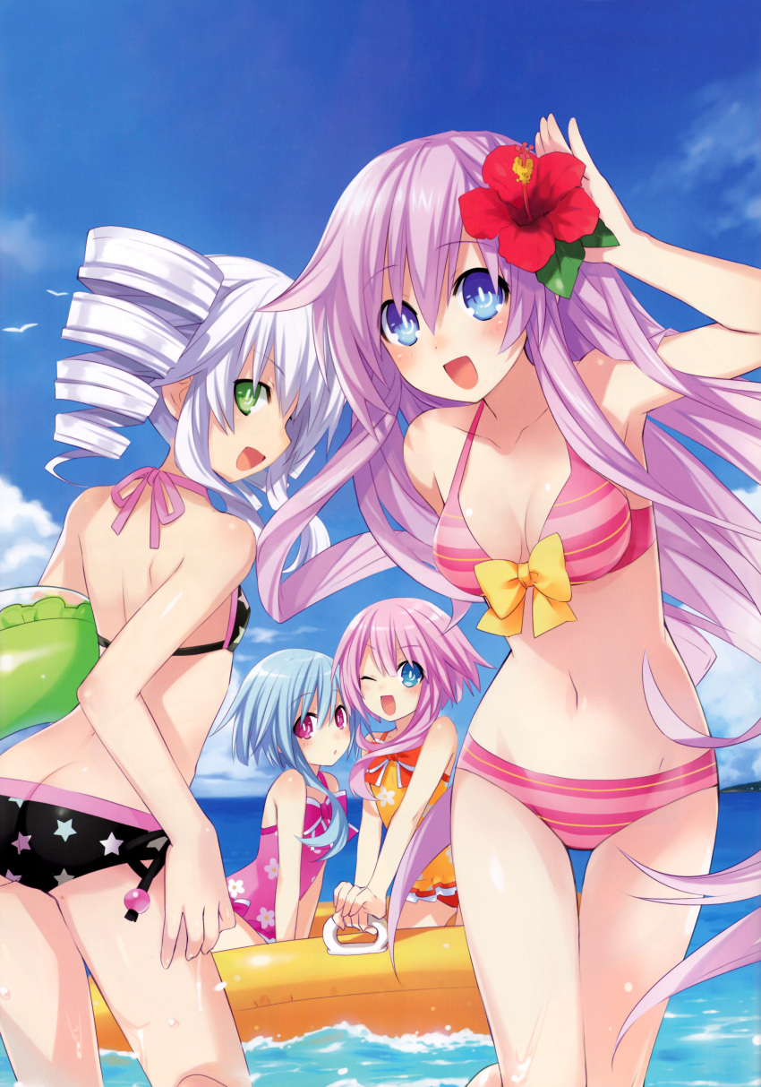 4girls :/ :d ;d absurdres ass back bare_shoulders bikini black_sister blue_eyes blue_hair blue_sky blush bow breasts butt_crack casual_one-piece_swimsuit choujigen_game_neptune_mk2 cleavage cloud collarbone day drill_hair duplicate flat_chest floral_print flower green_eyes halterneck hibiscus highres image_sample long_hair medium_breasts multiple_girls navel neptune_(series) official_art one-piece_swimsuit one_eye_closed open_mouth outdoors pink_hair power_symbol power_symbol-shaped_pupils profile purple_hair purple_sister red_eyes scan short_hair side-tie_bikini_bottom sky small_breasts smile star_(symbol) star_print striped_bikini striped_clothes striped_one-piece_swimsuit swimsuit symbol-shaped_pupils thigh_gap tsunako twin_drills water waving white_hair white_sister_ram white_sister_rom yandere_sample