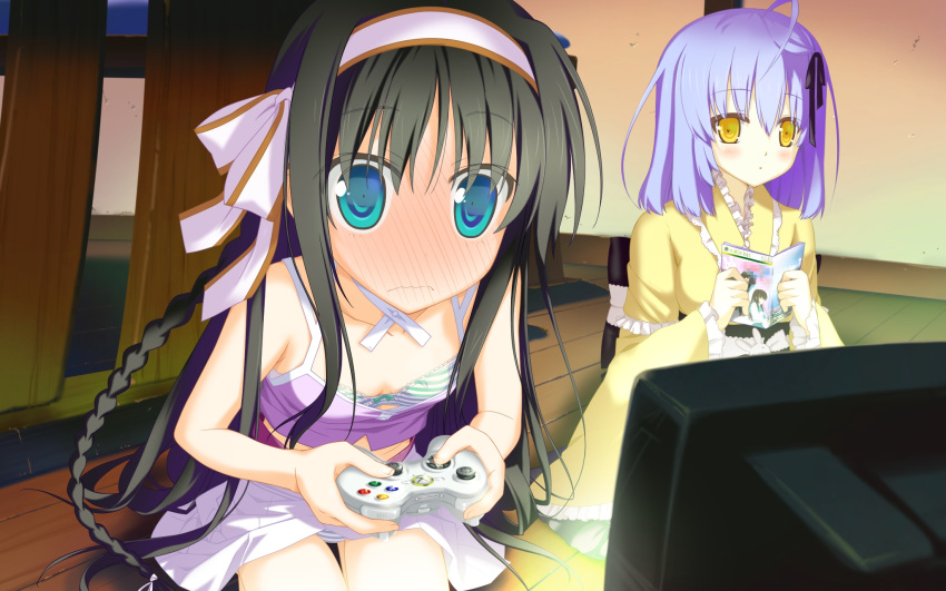 2girls ahoge black_hair blue_eyes blush bra braid controller dress embarrassed flat_chest frills game_cg game_console game_controller gamepad hair_ribbon headband highres irotoridori_no_sekai japanese_clothes kimono kisaragi_mio_(irotoridori_no_sekai) kneeling lingerie long_hair manual multiple_girls natsume_eri panties pantyshot purple_hair ribbon shida_kazuhiro shikishima_kyou short_hair skirt striped_bra striped_clothes striped_panties surprised tank_top television underwear upskirt very_long_hair video_game xbox_360 yellow_eyes