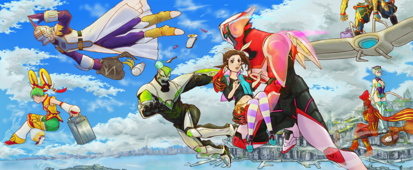 3girls 6+boys aircraft apple armor bad_id bad_pixiv_id bag banana bare_shoulders barnaby_brooks_jr. blue_eyes blue_hair blue_rose boots bow box braid braided_bangs breasts broom broom_riding brown_eyes brown_hair carrying chinese_clothes cleavage company_connection cropped_jacket detached_sleeves dragon_kid earrings elbow_gloves fire_emblem_(tiger_&_bunny) food fruit glider gloves green_eyes green_hair hair_ornament hairbow hairclip helmet high_heels highres horns huang_baoling ivan_karelin jacket jewelry kaburagi_kaede kaburagi_t._kotetsu karina_lyle kaze_no_tani_no_nausicaa keith_goodman kiki_(majo_no_takkyuubin) lipstick lunch majo_no_takkyuubin makeup medium_breasts mehve multiple_boys multiple_girls nathan_seymour nausicaa origami_cyclone parody photoshop_(medium) ponytail power_armor power_suit princess_carry rock_bison rukifu shoes short_hair shorts shuriken side_ponytail sky_high_(tiger_&_bunny) spandex striped_clothes striped_thighhighs studio_ghibli superhero_costume thigh_boots thighhighs tiger_&_bunny weapon wild_tiger