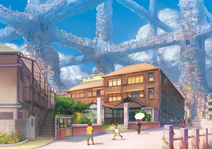 4boys bad_id bad_pixiv_id bicycle building cityscape cloud day female fence highres hongoukan lolicon multiple_boys original outdoors photoshop_(medium) scenery sky tokyo_(city) umbrella wait8