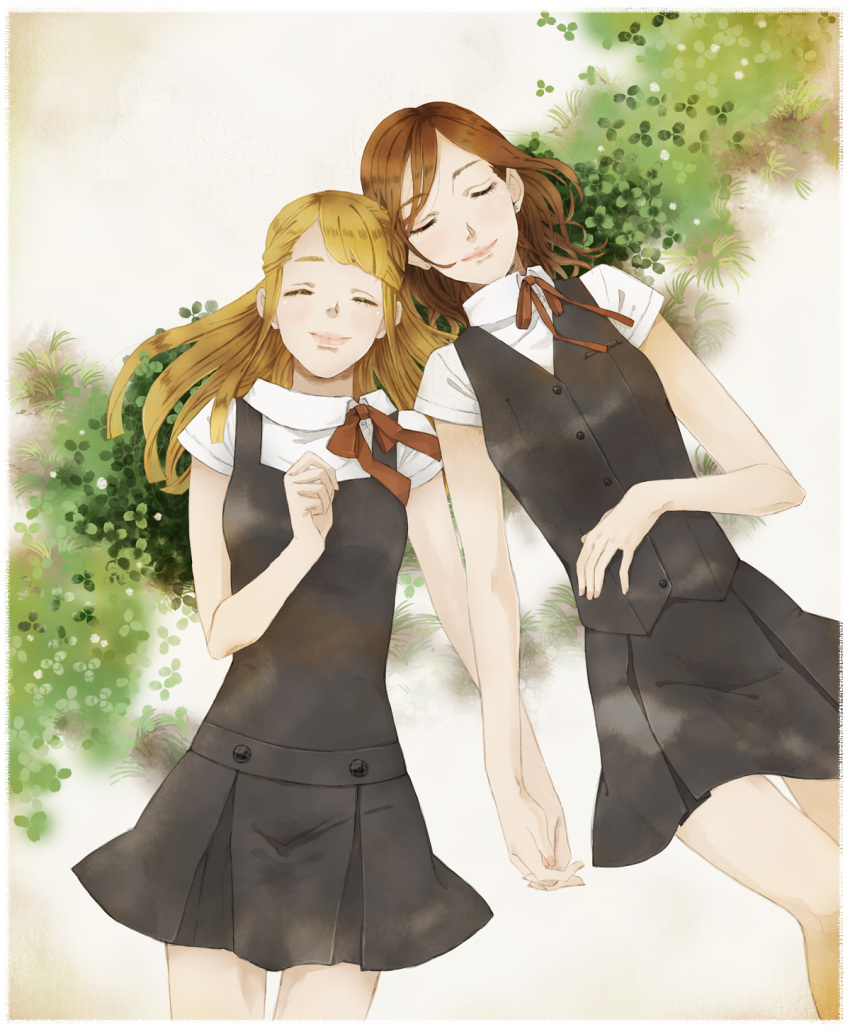 2girls bad_id bad_pixiv_id blonde_hair blush brown_hair closed_eyes earrings grass highres holding_hands interlocked_fingers jewelry kurage long_hair lying multiple_girls original school_uniform skirt smile vest