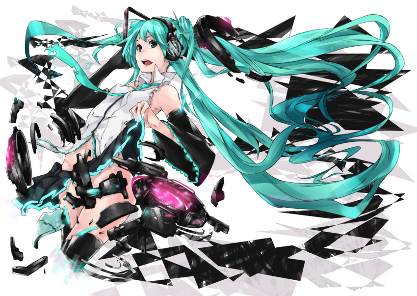 aqua_eyes aqua_hair broken censored commentary_request convenient_censoring detached_sleeves female hatsune_miku hatsune_miku_(append) headphones long_hair mille_(dieci) necktie no_panties open_mouth photoshop_(medium) solo thighhighs twintails very_long_hair vocaloid vocaloid_append