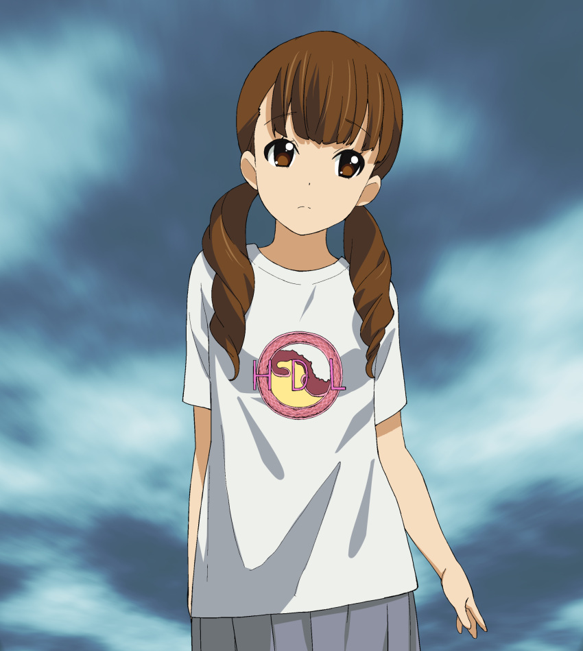 a1_(initial-g) absurdres brown_eyes brown_hair clothes_writing extra female highres k-on! long_hair looking_away photoshop_(medium) shirt skirt solo t-shirt twintails wakaouji_ichigo