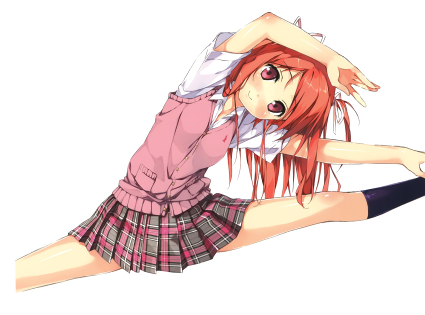 absurdres black_socks blush female hair_ribbon head_tilt highres kantoku kurumi_(kantoku) long_hair looking_at_viewer original plaid plaid_skirt pleated_skirt red_eyes red_hair ribbon scan scan_artifacts school_uniform short_sleeves simple_background skirt smile socks solo split straddle_split stretching sweater_vest white_background