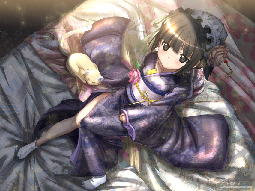 bare_legs bed black_eyes black_hair blush collarbone commentary_request feline female flower from_above frown hair_flower hair_ornament hat headdress ikoku_meiro_no_croisee japanese_clothes kimono kimura_shigetaka letter looking_up no_shoes obi sash shade short_hair shy side_slit sitting sleeves_past_wrists solo tabi watermark web_address wide_sleeves yune_(ikoku_meiro_no_croisee)