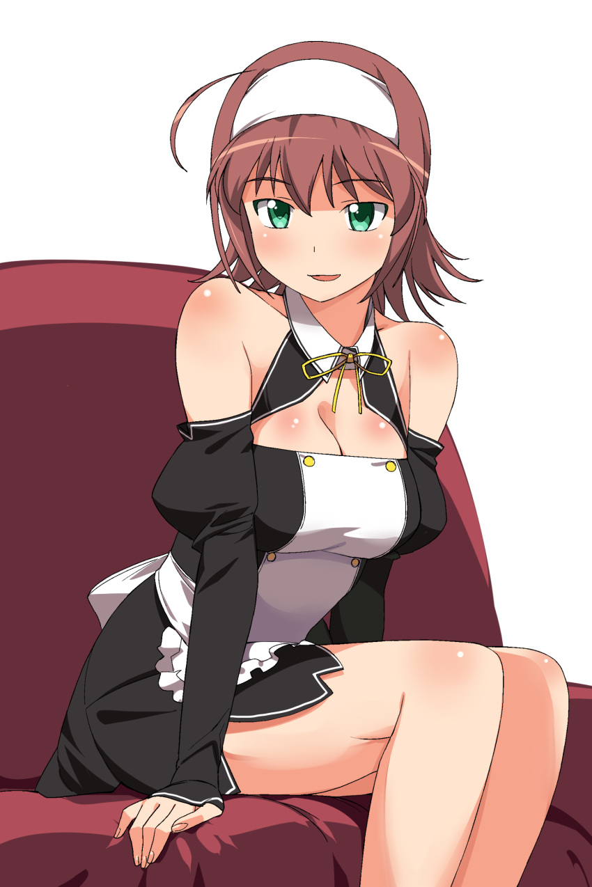 a1_(initial-g) absurdres ahoge arm_support bare_shoulders blush body_blush breasts cleavage cosplay couch detached_sleeves dream_c_club dream_c_club_(series) female green_eyes hairband highres kimi_ga_nozomu_eien large_breasts mizuhashi_kaori photoshop_(medium) red_hair setsu_(dream_c_club) setsu_(dream_c_club)_(cosplay) short_hair simple_background sitting smile solo suzumiya_akane voice_actor_connection waitress