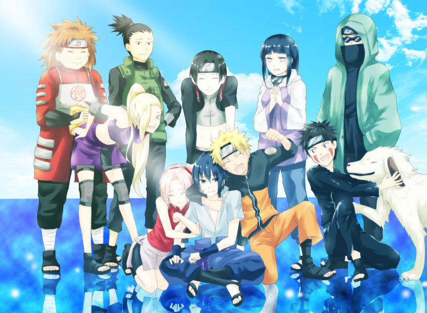 aburame_shino akamaru akamaru_(naruto) akimichi_chouji black_hair blonde_hair blue_sky brown_hair byakugan canine closed_eyes clouds facial_mark glasses group happy hyuuga_hinata ino_yamanaka inuzuka_kiba long_hair nara_shikamaru naruto peek-a-boo_bang pink_hair ponytail pumasaku sai sakura_haruno short_hair sitting sky smile spiky_hair tattoo uchiha_sasuke uzumaki_naruto water whiskers