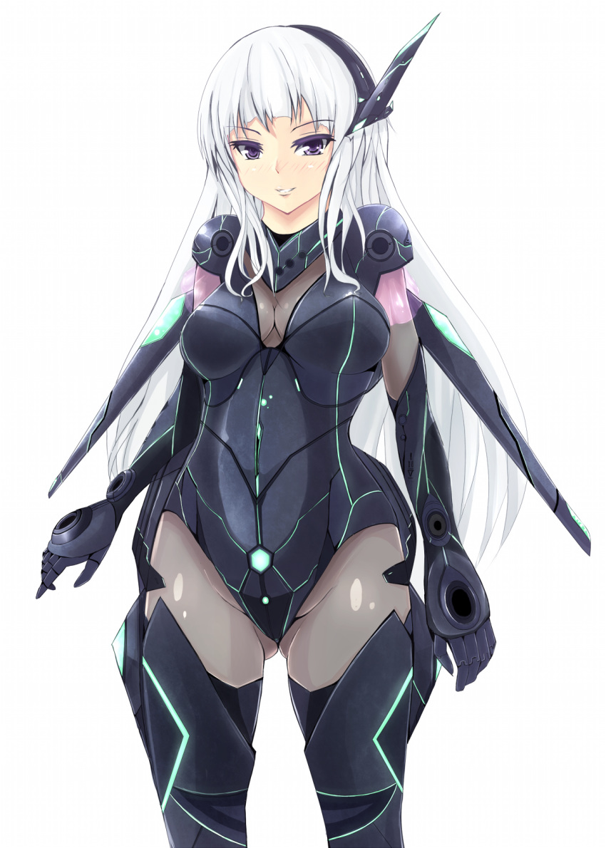 armor black_armor black_gloves black_legwear bodysuit colored_eyelashes gloves headgear highres long_hair mecha_musume original pantyhose purple_eyes robot_ears smile solo sukesan thighhighs thighs white_hair