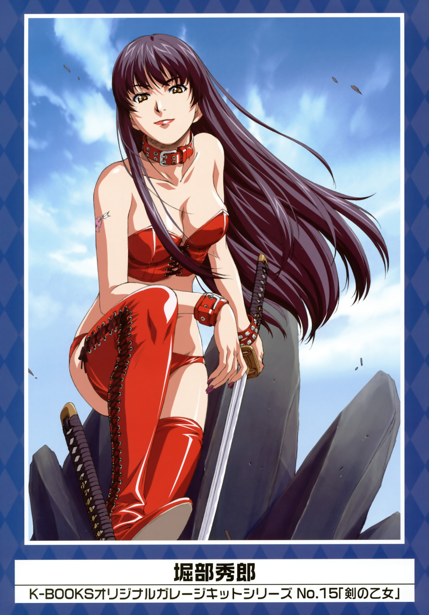 absurdres bare_shoulders black_hair boots bracelet breasts character_request cleavage cloud collar copyright_request day female highres horibe_hiderou jewelry k-books katana large_breasts long_hair looking_at_viewer outdoors sky solo sword tattoo thigh_boots thighhighs weapon wind yellow_eyes