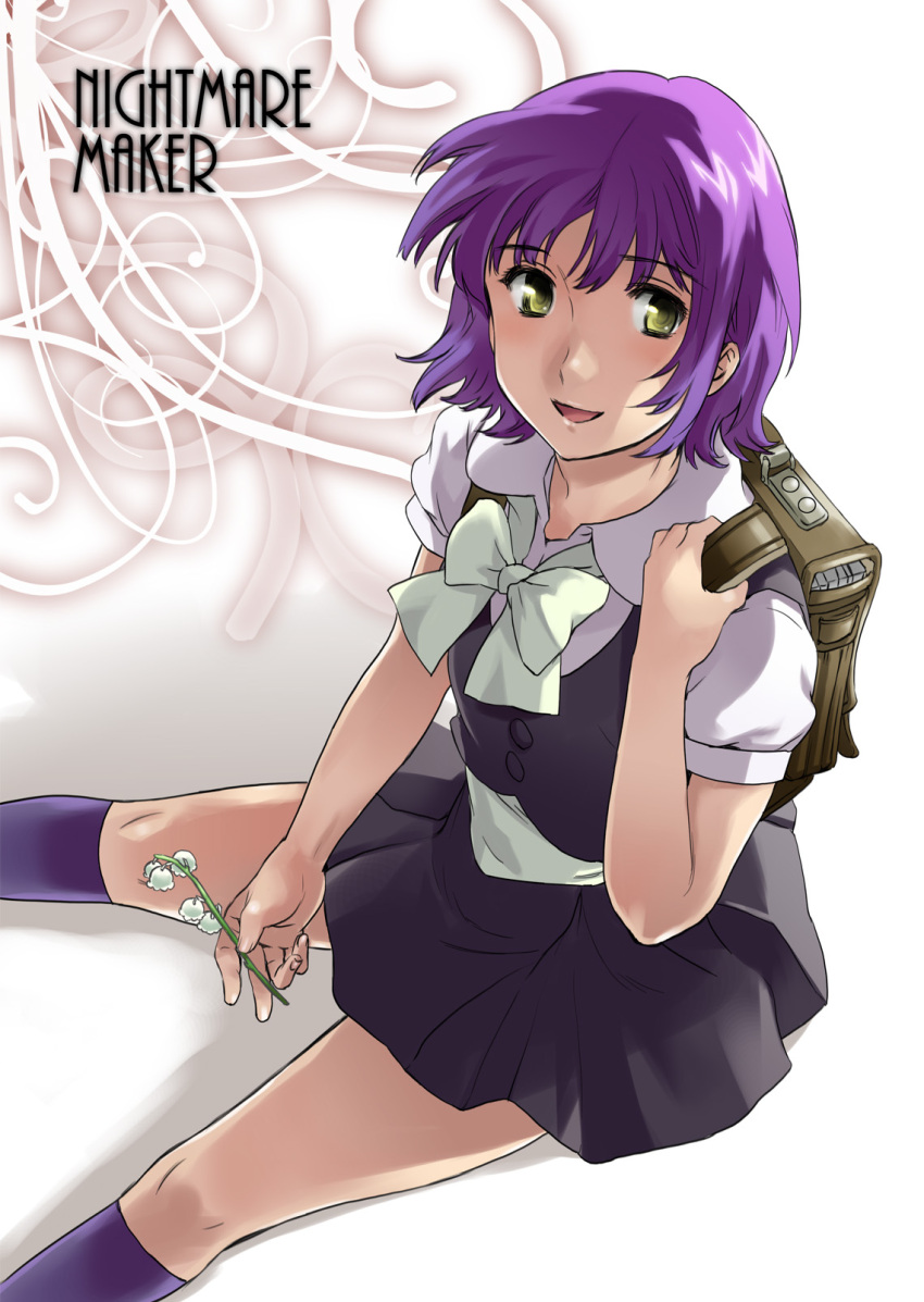 bag bow character_request commentary_request cuvie female flower fukami_tomyo highres holding holding_flower kneehighs lily_of_the_valley looking_up nightmare_maker open_mouth photoshop_(medium) purple_hair purple_socks school_bag school_uniform shirt short_hair short_sleeves sitting skirt smile socks solo vest white_flower yellow_eyes