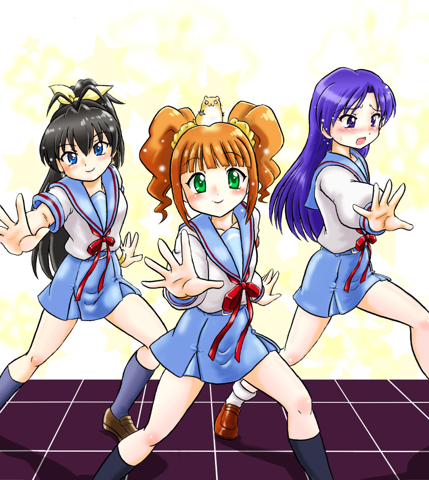 3girls animal animal_on_head black_hair blue_eyes blue_hair blue_sailor_collar blue_skirt brown_eyes brown_hair commentary_request cosplay dancing ganaha_hibiki green_eyes hamster hamster_on_head hamuzou hare_hare_yukai highres hoshikawa_tsukimi idolmaster idolmaster_(classic) kisaragi_chihaya kita_high_school_uniform long_hair multiple_girls on_head ponytail sailor_collar school_uniform serafuku skirt suzumiya_haruhi_no_yuuutsu takatsuki_yayoi twintails winter_uniform