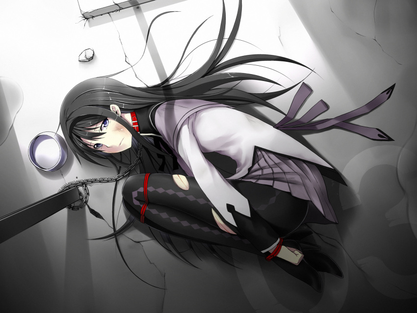 akemi_homura akemi_homura_(magical_girl) argyle_clothes argyle_legwear black_hair black_hairband black_pantyhose bondage bondage bound bound_arms bound_knees bound_legs bowl bruise chained chains collar commentary_request crack cracked_floor female fetal_position from_above full_body hairband high_heels highres injury kamata_yuuya long_hair long_sleeves looking_at_viewer looking_to_the_side lying magical_girl mahou_shoujo_madoka_magica mahou_shoujo_madoka_magica_(anime) on_floor on_side pantyhose pet_bowl photoshop_(medium) plantar_flexion pleated_skirt purple_eyes purple_skirt scratches shoes skirt solo torn_clothes torn_pantyhose