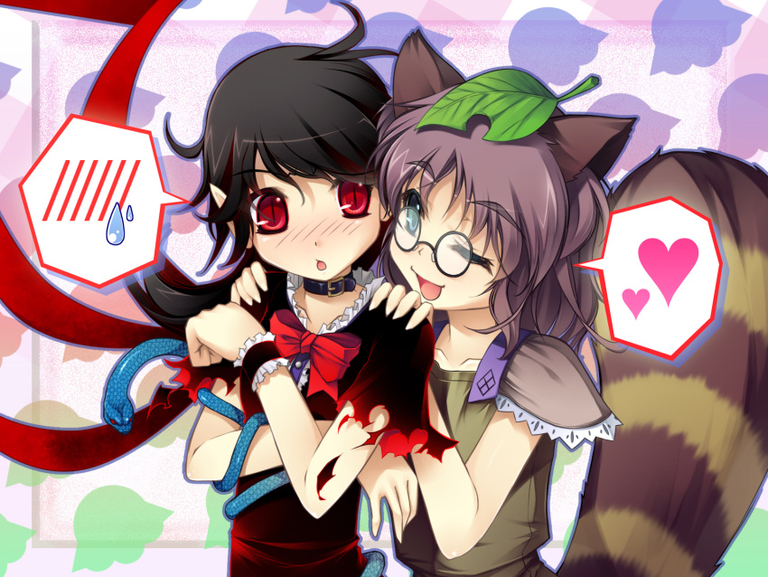 2girls ahoge animal_ears asymmetrical_wings black_hair blue_eyes blush brown_hair chima_q collar commentary_request futatsuiwa_mamizou glasses hands_on_shoulders heart highres houjuu_nue leaf leaf_on_head multiple_girls one_eye_closed photoshop_(medium) raccoon_ears raccoon_tail red_eyes short_hair slit_pupils snake spoken_blush spoken_heart spoken_sweatdrop sweatdrop tail torn_clothes touhou upper_body wings wrist_cuffs