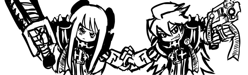 2_girls bolter chainsword invader_(artist) monochrome panty_&_stocking_with_garterbelt panty_(character) sisters_of_battle stocking_(character) warhammer_40k