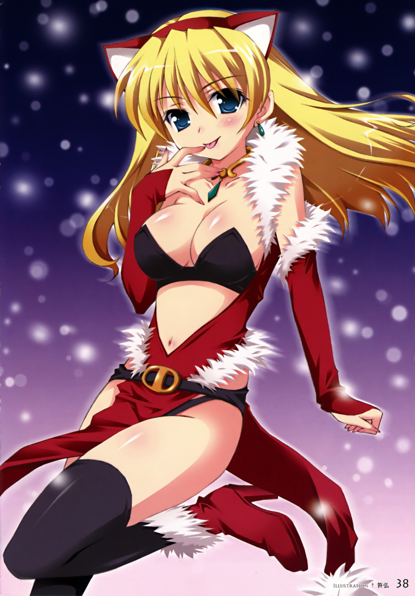 :p absurdres animal_ears aqua_eyes black_thighhighs blonde_hair blush breasts bustier captain_of_the_royal_guard_elina cat_ears cleavage detached_sleeves earrings elina_(queen's_blade) fake_animal_ears female high_heels highres jewelry large_breasts lingerie long_hair looking_at_viewer navel necklace photoshop_(medium) queen's_blade santa_costume sasahiro shoes skindentation snow snowing solo thighhighs tongue tongue_out underwear