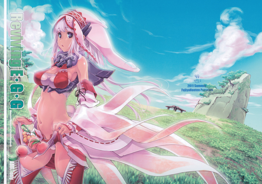 blue_eyes breasts cleavage day detached_sleeves dober_(armor) female food fringe_trim fruit highres lagombi_(armor) long_hair medium_breasts midriff monster_hunter_(character) monster_hunter_(series) monster_hunter_portable_3rd navel outdoors panties shiny sideboob solo tan thighhighs thomasz underwear white_hair white_panties