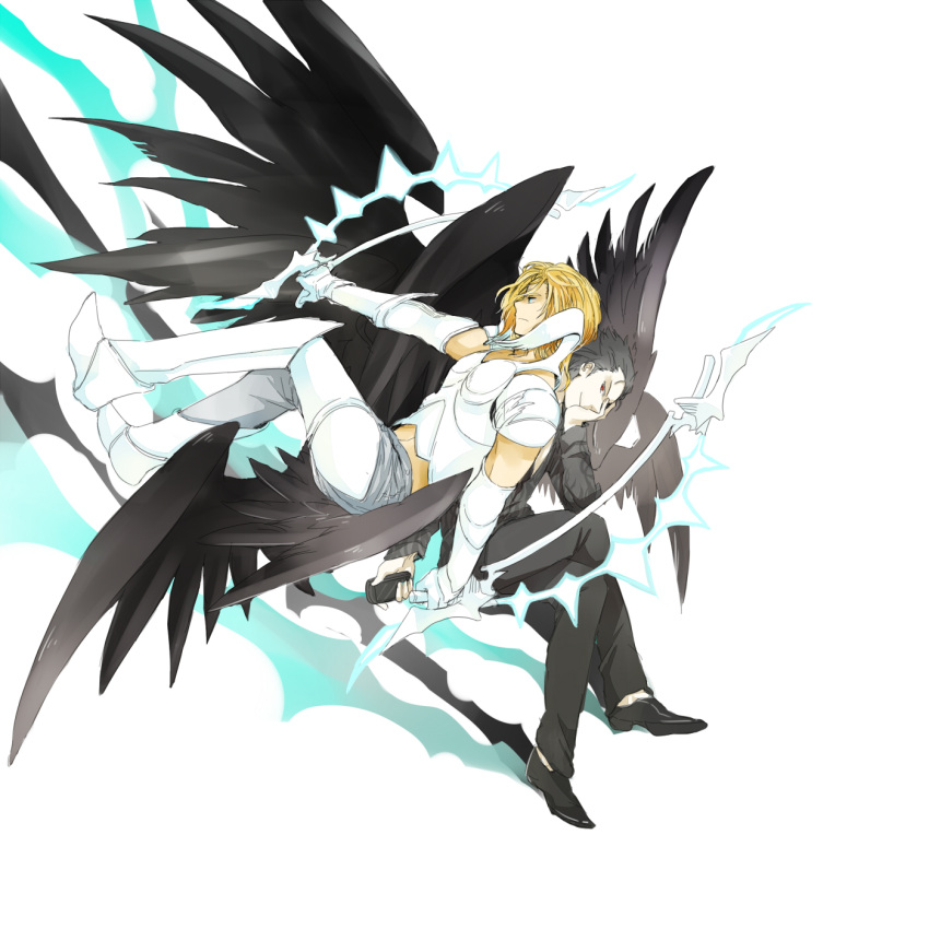 2boys armor black_hair black_wings blonde_hair commentary_request el_shaddai enoch highres lucifel_(el_shaddai) male_focus multiple_boys red_eyes swan_(doesu) weapon wings