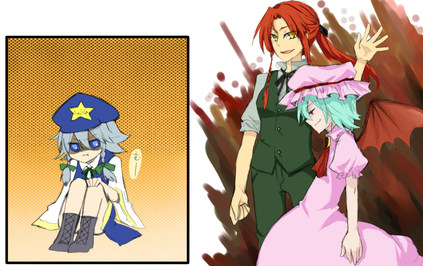 147 3girls :t alternate_hairstyle angry chibi commentary_request cosplay formal hat highres hong_meiling hong_meiling_(cosplay) izayoi_sakuya multiple_girls pant_suit pants ponytail remilia_scarlet role_reversal short_hair sitting suit touhou