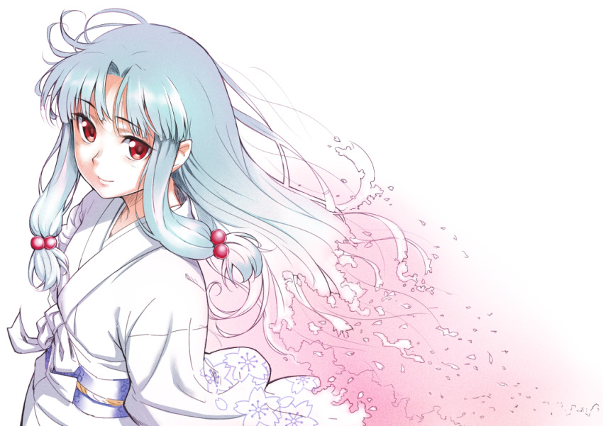 aqua_hair blue_hair commentary_request female hair_bobbles hair_ornament japanese_clothes kimono kiriha_(tsugumomo) komase_(jkp423) long_hair pointy_ears red_eyes smile solo tsugumomo