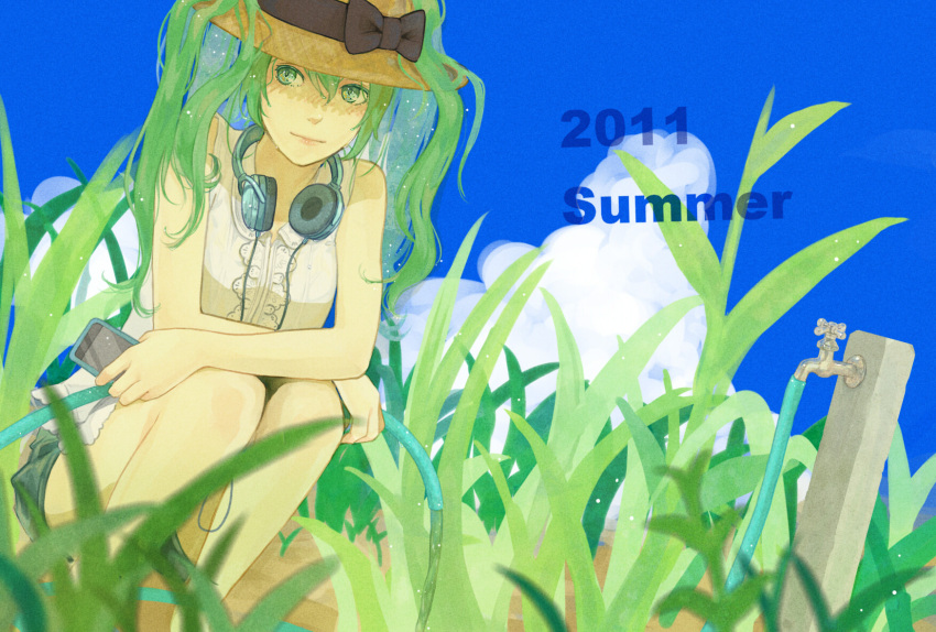 bad_id bad_pixiv_id bare_shoulders faucet female green_eyes green_hair hat hatsune_miku headphones headphones_around_neck highres hose long_hair mgg_(x_arte) shorts solo squatting summer vocaloid water