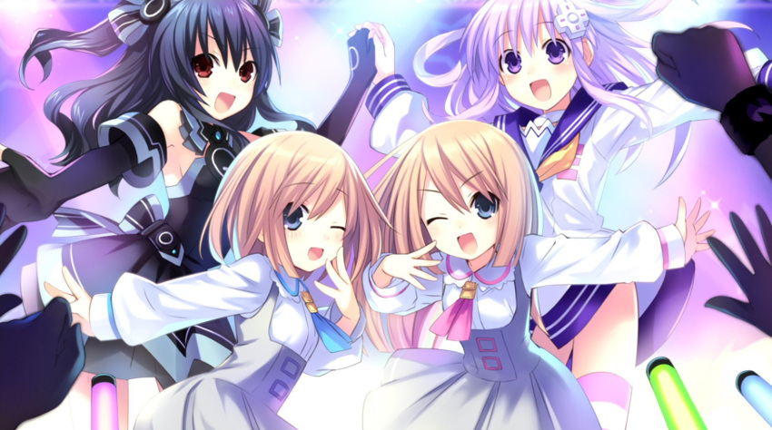 4girls black_hair black_sister blue_eyes choujigen_game_neptune choujigen_game_neptune_mk2 compile_heart highres idea_factory long_hair multiple_girls nepgear neptune_(series) one_eye_closed pink_hair purple_eyes purple_sister ram_(choujigen_game_neptune) red_eyes rom_(choujigen_game_neptune) siblings tsunako twins uni_(choujigen_game_neptune) white_sister_ram white_sister_rom