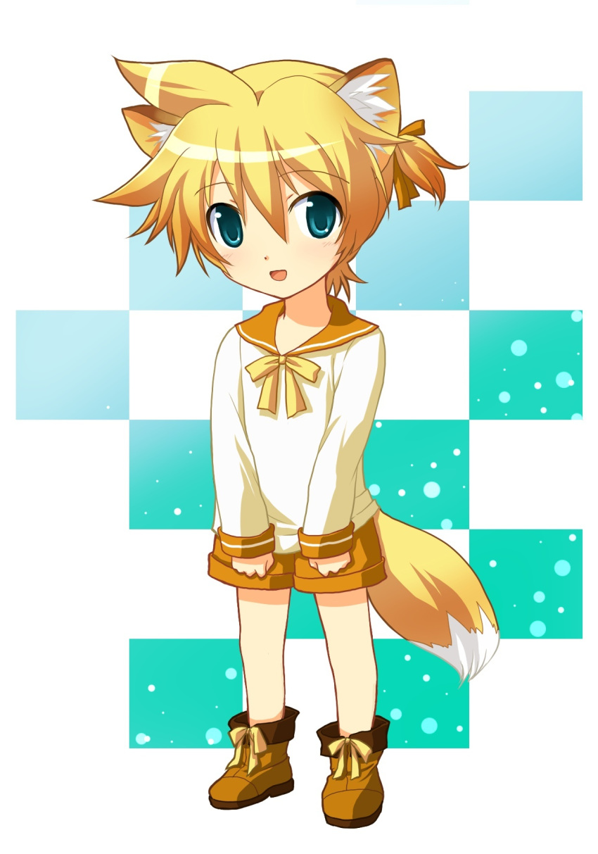 animal_ears aqua_eyes boy fox_ears fox_tail full_body ginko highres kagamine_len male male_focus sailor_collar shorts solo tail vocaloid