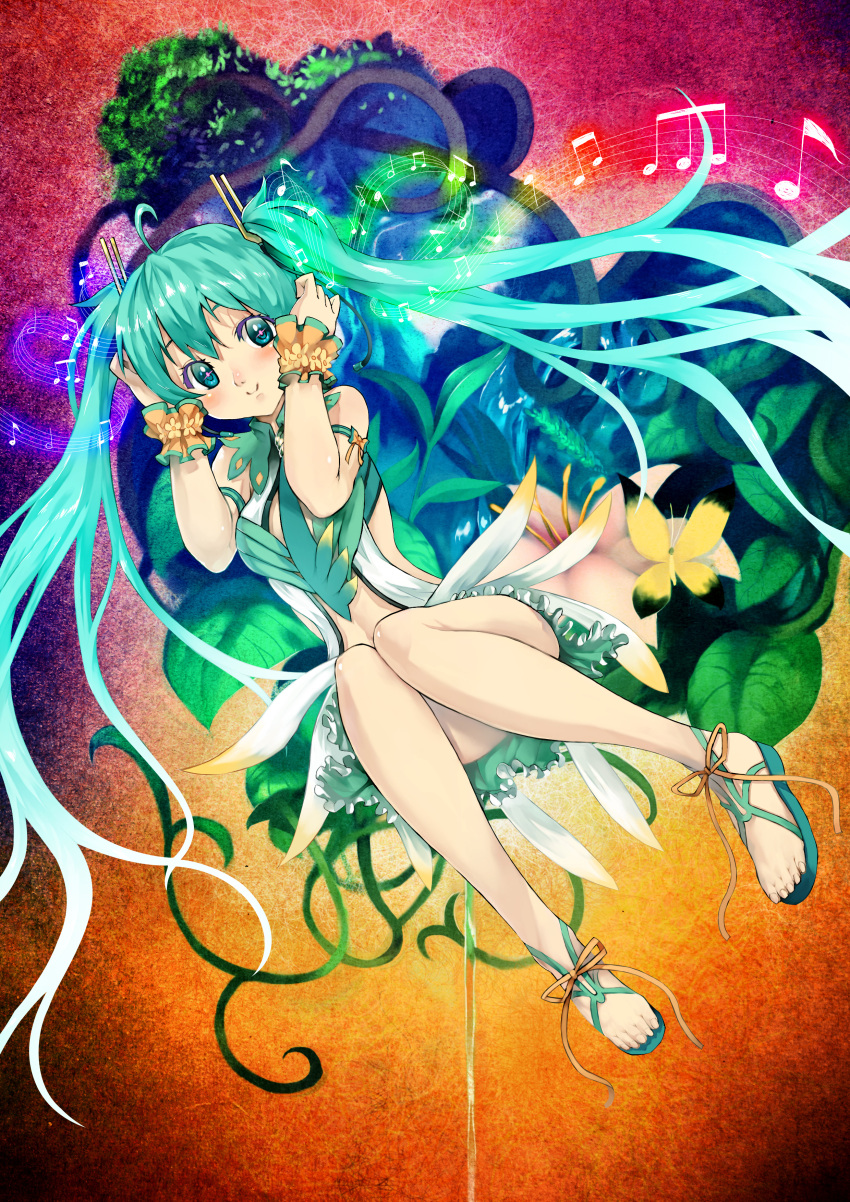 absurdres ahoge alternate_costume aqua_eyes aqua_hair bad_id bad_pixiv_id bh001 feet female flower hatsune_miku highres legs long_hair music musical_note sandals shoes smile solo twintails very_long_hair vocaloid