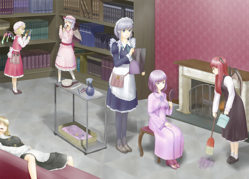 6+girls alternate_hairstyle apron ascot bad_id bad_pixiv_id bat_wings black_pantyhose blonde_hair blouse blue_eyes bob_cut book bottle bow braid broom brush closed_eyes comb couch crescent cutting_hair dress dustpan fangs fire fireplace flandre_scarlet formal grey_hair hair_brush hair_ornament hair_ribbon hairclip hand_up hat head_wings highres holding holding_dustpan izayoi_sakuya kirisame_marisa kitano_(kitanosnowwhite) knife koakuma large_bow light_purple_hair loafers long_hair long_skirt lying maid maid_headdress mirror multiple_girls necktie open_mouth pantyhose patchouli_knowledge pouch purple_hair purple_legwear razor red_eyes red_hair reflection remilia_scarlet ribbon scared scissors severed_hair shelf shirt shoes short_hair siblings sisters sitting skirt skirt_suit sleeping smile socks spray spray_bottle stool straight_razor suit sweeping torn_clothes torn_pantyhose touhou twin_braids unworn_hat unworn_headwear vest white_pantyhose wings