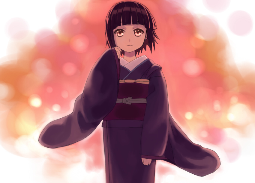 bad_id bad_pixiv_id brown_eyes brown_hair female ikoku_meiro_no_croisee japanese_clothes kimono mitsuya_(okiagari) purple_kimono short_hair smile solo yune_(ikoku_meiro_no_croisee)