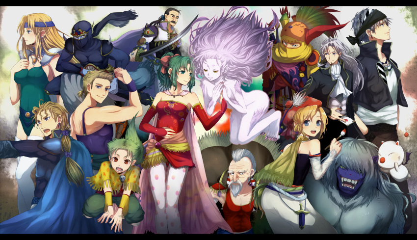 1other 5girls 6+boys ambiguous_gender blonde_hair celes_chere commentary_request cyan_garamonde dual_persona edgar_roni_figaro everyone final_fantasy final_fantasy_vi gau gogo highres kamanatsu letterboxed locke_cole mog moogle multiple_boys multiple_girls pantyhose print_pantyhose relm_arrowny sabin_rene_figaro setzer_gabbiani shadow_(ff6) strago_magus terra_branford trance_terra_branford umaro