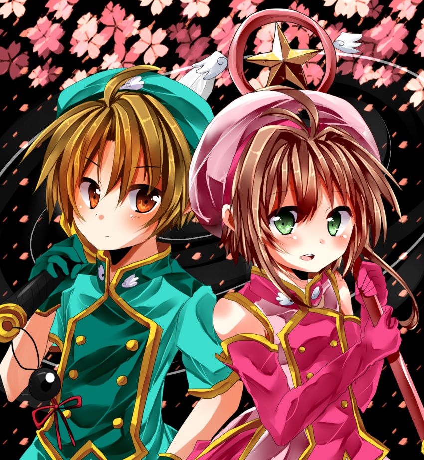 1boy back-to-back brown_eyes brown_hair cardcaptor_sakura commentary_request female gloves green_eyes green_gloves hat highres hoshi_no_tsue kinomoto_sakura kinomoto_sakura_(pink_star_angel_costume) li_syaoran lolicon magical_girl nami_z pink_gloves pink_hat short_hair sword wand weapon