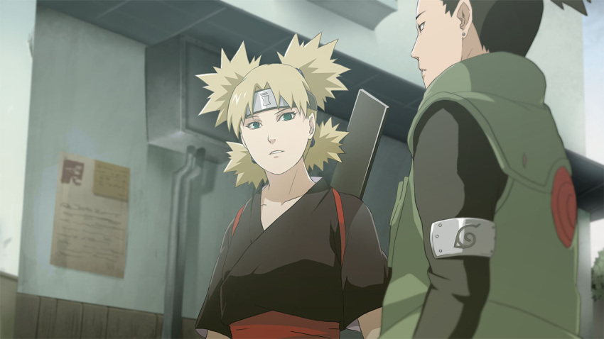 black_hair blonde_hair forehead_protector green_eyes japanese_clothes nara_shikamaru naruto quad_tails temari wei