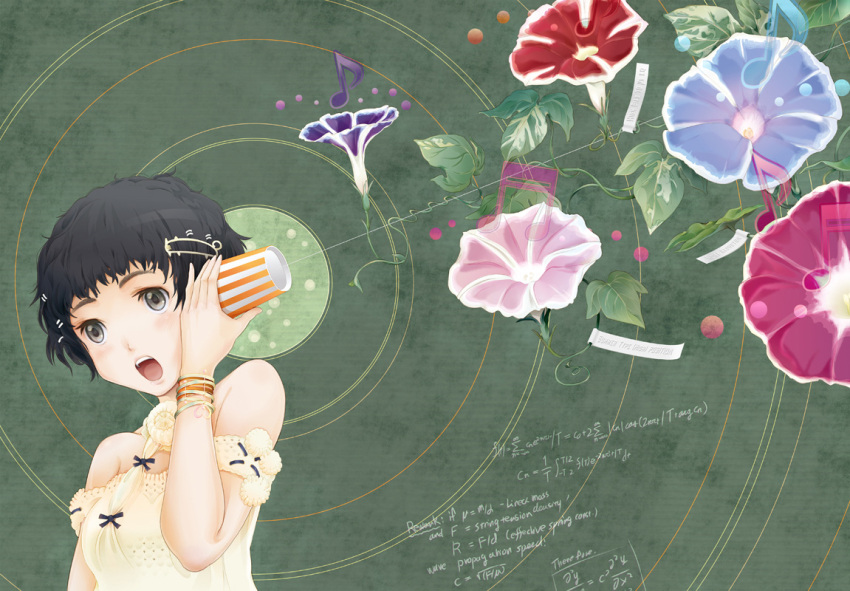 bare_shoulders black_eyes black_hair blush bracelet character_request copyright_request cup disposable_cup female flower hair_ornament hairclip jewelry musical_note open_mouth photoshop_(medium) saiguchi_otoufu solo string string_phone upper_body