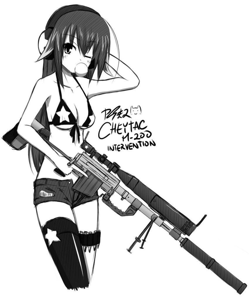 arm_behind_head bad_id bad_pixiv_id bare_shoulders bikini bikini_top_only bipod blowing_bubbles bolt_action breasts character_name cheytac_m200 cleavage collarbone cowboy_shot cropped_legs denim denim_shorts ear_protection female front-tie_bikini_top front-tie_top greyscale gun highres holding holding_gun holding_weapon long_hair looking_at_viewer medium_breasts monochrome no_shirt one_eye_closed open_fly original ppshex rifle scope short_shorts shorts signature simple_background single_thighhigh sniper_rifle solo standing star_(symbol) suppressor swimsuit thigh_strap thighhighs trigger_discipline underboob unzipped weapon white_background