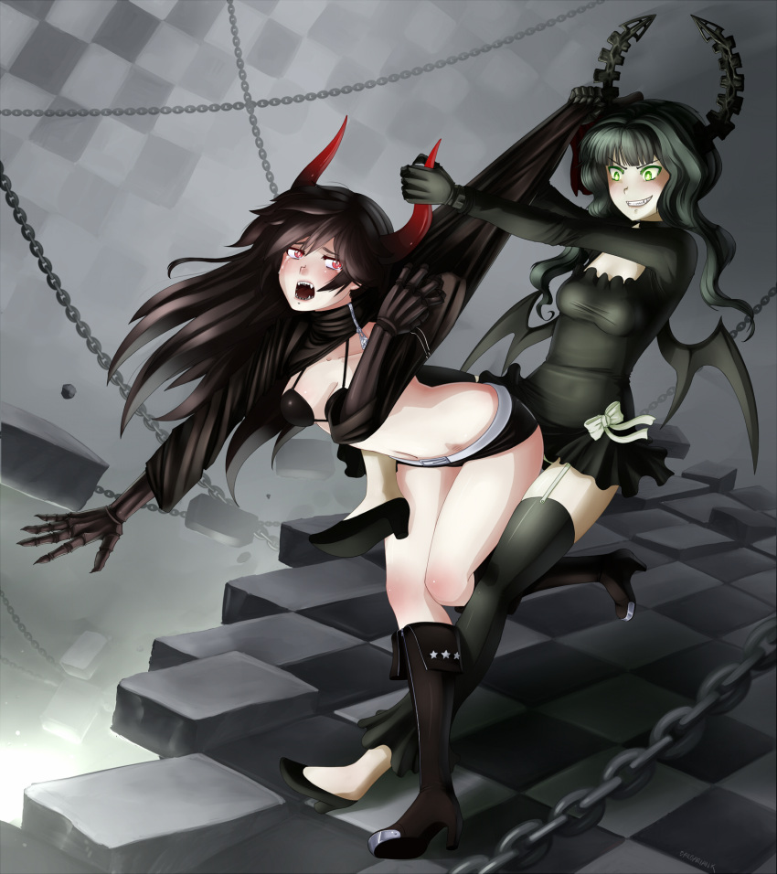 2girls barbariank belt bikini bikini_top_only black_gold_saw black_hair black_rock_shooter boots chains checkered_floor commentary_request dead_master dress green_eyes grin highres horns long_hair multiple_girls oerba_yun_fang red_eyes ribbon shorts smile swimsuit tears wings