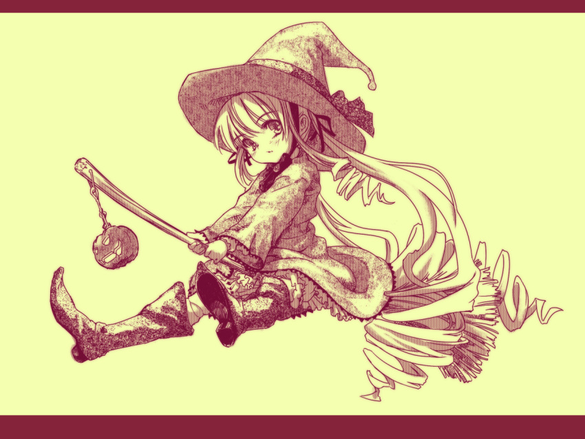 bloomers boots bow broom chains commentary_request doll_joints dress drill_hair female hat jack-o'-lantern joints long_hair long_sleeves monochrome pumpkin rozen_maiden shinku solo st+1 underwear very_long_hair witch witch_hat