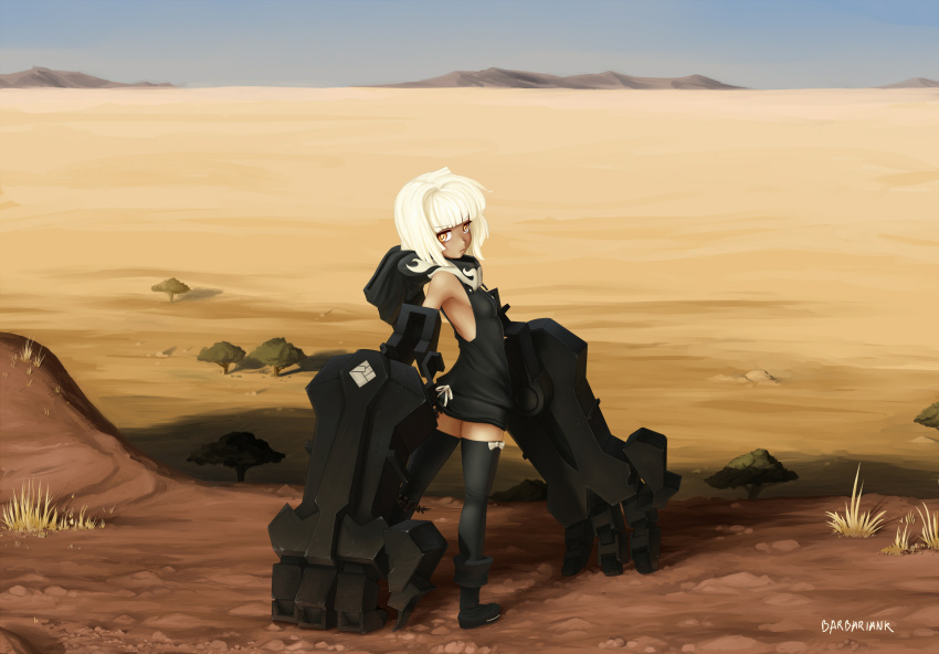 amputee ankle_boots barbariank black_rock_shooter boots commentary_request desert female highres hood mechanical_arms outdoors ribbon solo strength_(black_rock_shooter) tail tan thighhighs white_hair