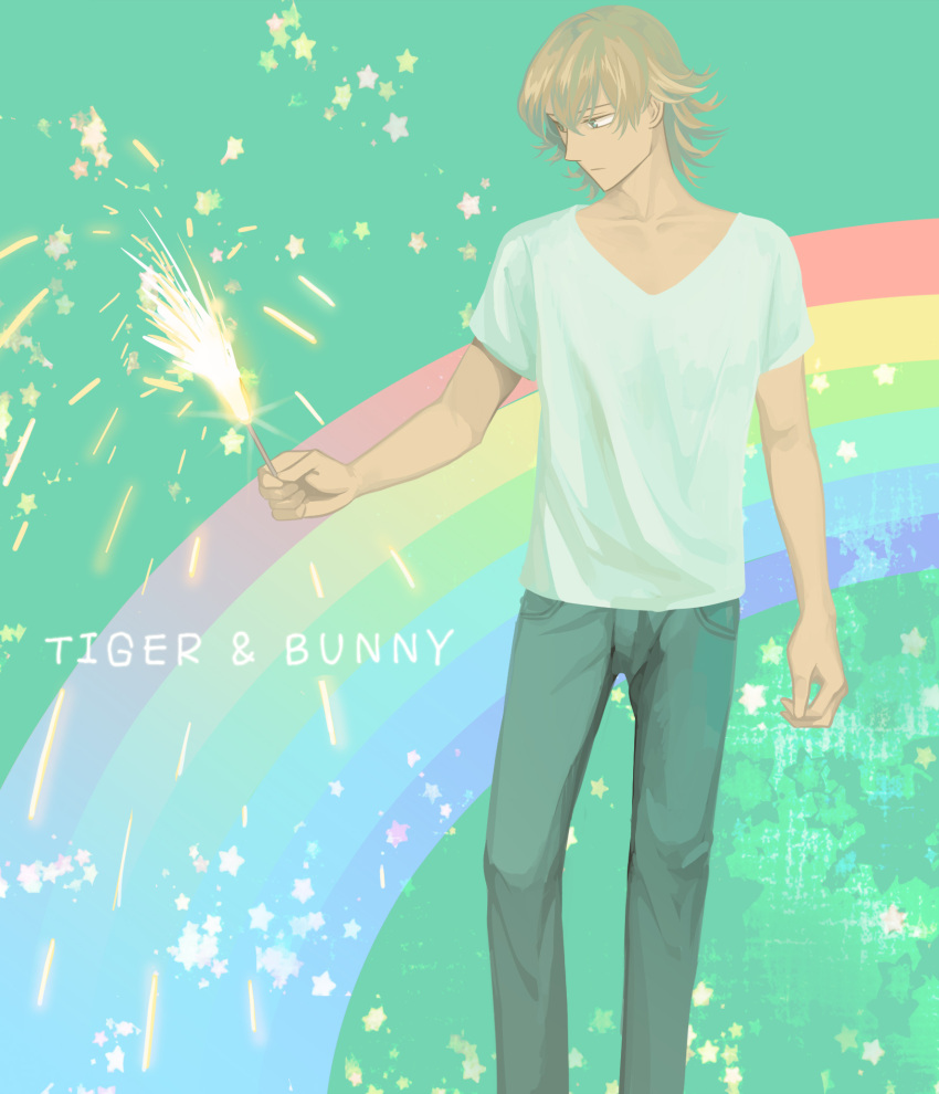 1boy barnaby_brooks_jr. blonde_hair commentary_request denim fireworks green_eyes highres jeans male_focus no_eyewear pants photoshop_(medium) rainbow shirt solo sparkler t-shirt tiger_&_bunny v-neck wooga