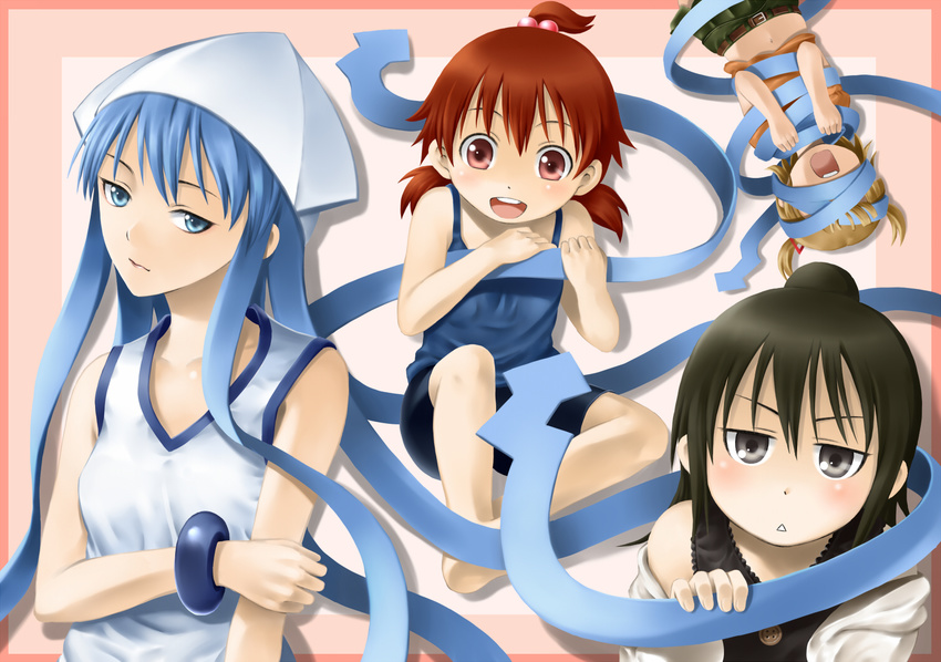 4girls bad_id bad_pixiv_id black_eyes black_hair blue_eyes blue_hair brown_eyes brown_hair crossover dress hair_bun hat ikamusume long_hair marui_futaba marui_hitoha marui_mitsuba mitsudomoe_(manga) multiple_girls old-one prehensile_hair shinryaku!_ikamusume short_hair single_hair_bun tentacle_hair twintails