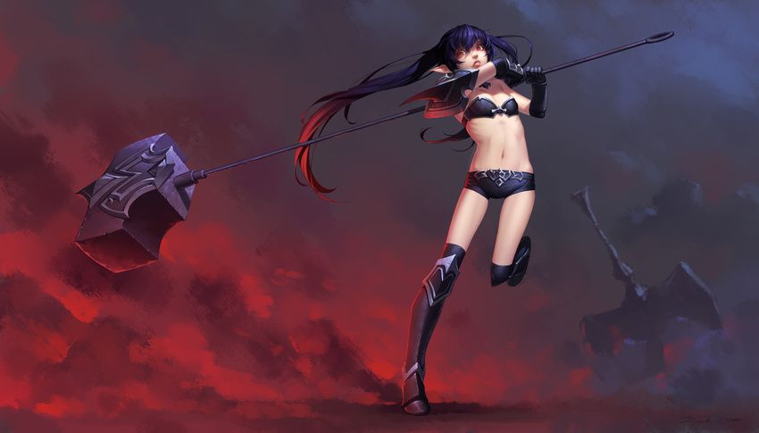 absurdres alternate_hair_color alternate_skin_color armor armored_boots bikini_armor black_bra black_footwear black_gloves black_shorts blue_hair boots bra breasts buckler cleavage commentary english_commentary female full_body gloves gradient_hair hammer highres holding holding_weapon humanization league_of_legends long_hair looking_at_viewer multicolored_hair navel noxus_poppy pointy_ears polearm poppy_(league_of_legends) purple_hair red_eyes red_hair rekaerb_maerd ribs shield shorts slit_pupils small_breasts smoke solo spikes standing standing_on_one_leg stomach strapless twintails underwear vambraces war_hammer weapon yordle