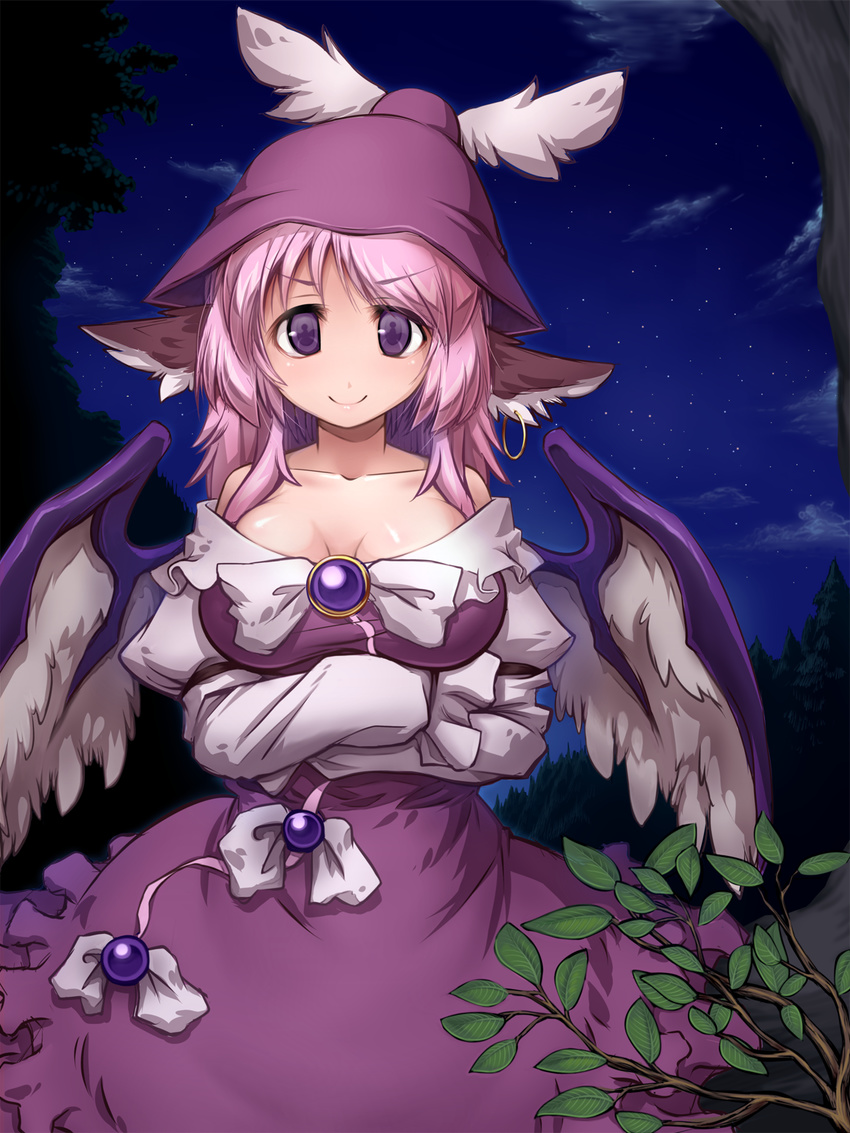 >:) aged_up alternate_hair_length alternate_hairstyle animal_ears bare_shoulders breasts cleavage collarbone commentary_request crossed_arms dress earrings female hat highres hoop_earrings jewelry large_breasts long_hair looking_at_viewer mystia_lorelei night off_shoulder outdoors pink_hair purple_eyes single_earring sky smile solo standing touhou tree v-shaped_eyebrows wings you_naka