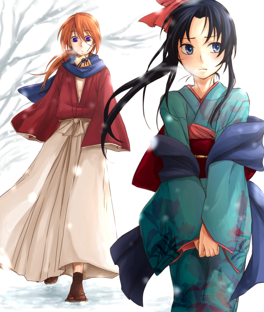 1boy bad_id bad_pixiv_id black_hair blue_eyes blush couple female gift highres himura_kenshin japanese_clothes k_hearts kamiya_kaoru kimono long_hair ponytail red_hair ribbon rurouni_kenshin scar scarf snow snowing straight valentine