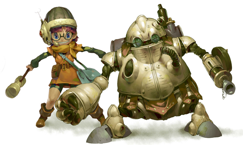 blue_eyes chrono_trigger commentary_request female glasses grin hammer helmet koki_(ryoushikiha) lucca_ashtear pouch purple_hair robo_(chrono_trigger) robot simple_background smile