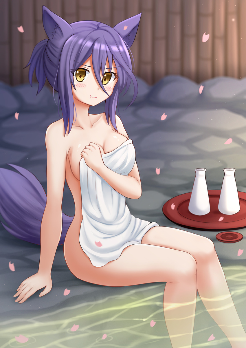 :t animal_ears bare_arms blush breasts cleavage closed_mouth collarbone commentary_request covering_privates female fence fox_ears fox_girl fox_tail hair_between_eyes highres holding holding_towel kazenokaze konohana_kitan looking_at_viewer medium_breasts multicolored_hair nude nude_cover on_floor onsen outdoors petals ponytail pout purple_hair satsuki_(konohana_kitan) sidelocks sitting soaking_feet solo stone_floor streaked_hair tail tareme tokkuri towel tray v-shaped_eyebrows water yellow_eyes