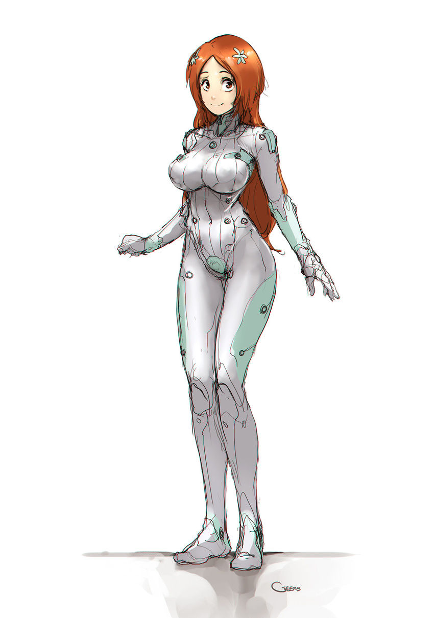 bangs bleach bodysuit breasts crossover darren_geers female full_body hair_ornament hairclip highres inoue_orihime large_breasts long_hair neon_genesis_evangelion orange_hair parted_bangs plugsuit skin_tight smile solo standing