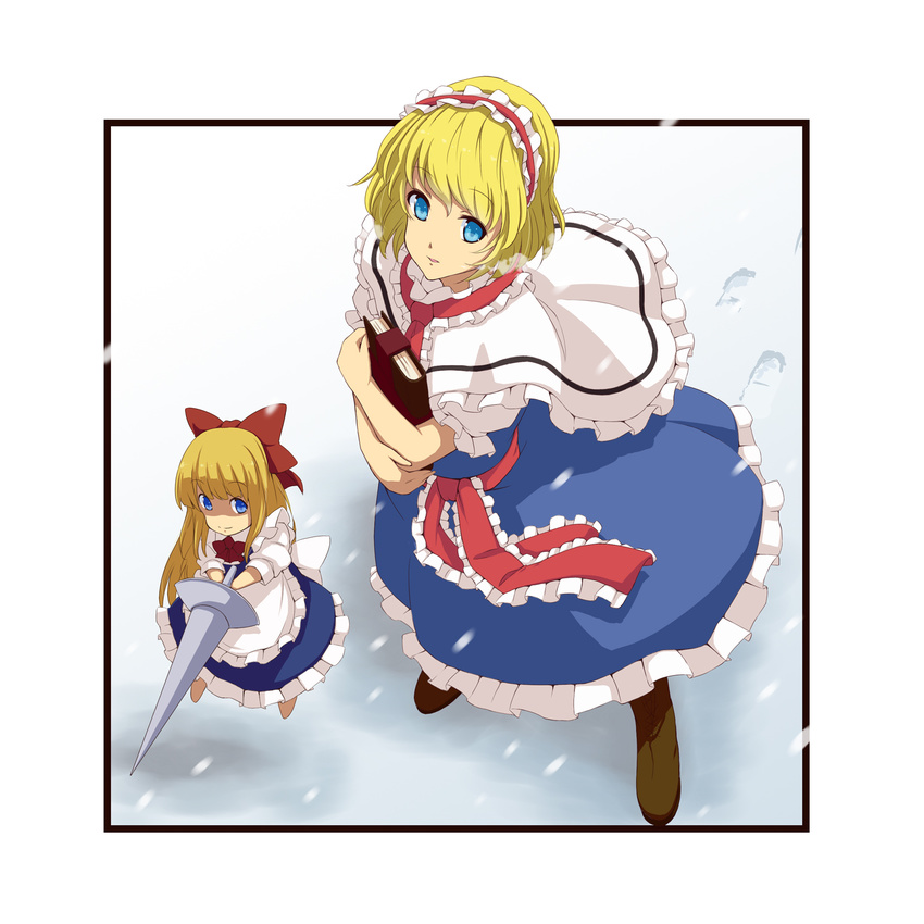 alice_margatroid apron bad_id bad_pixiv_id blonde_hair blue_dress blue_eyes book bow capelet dress female grimoire grimoire_of_alice hairband hairbow highres lance photoshop_(medium) polearm shanghai_doll solo touhou tsuttsu weapon